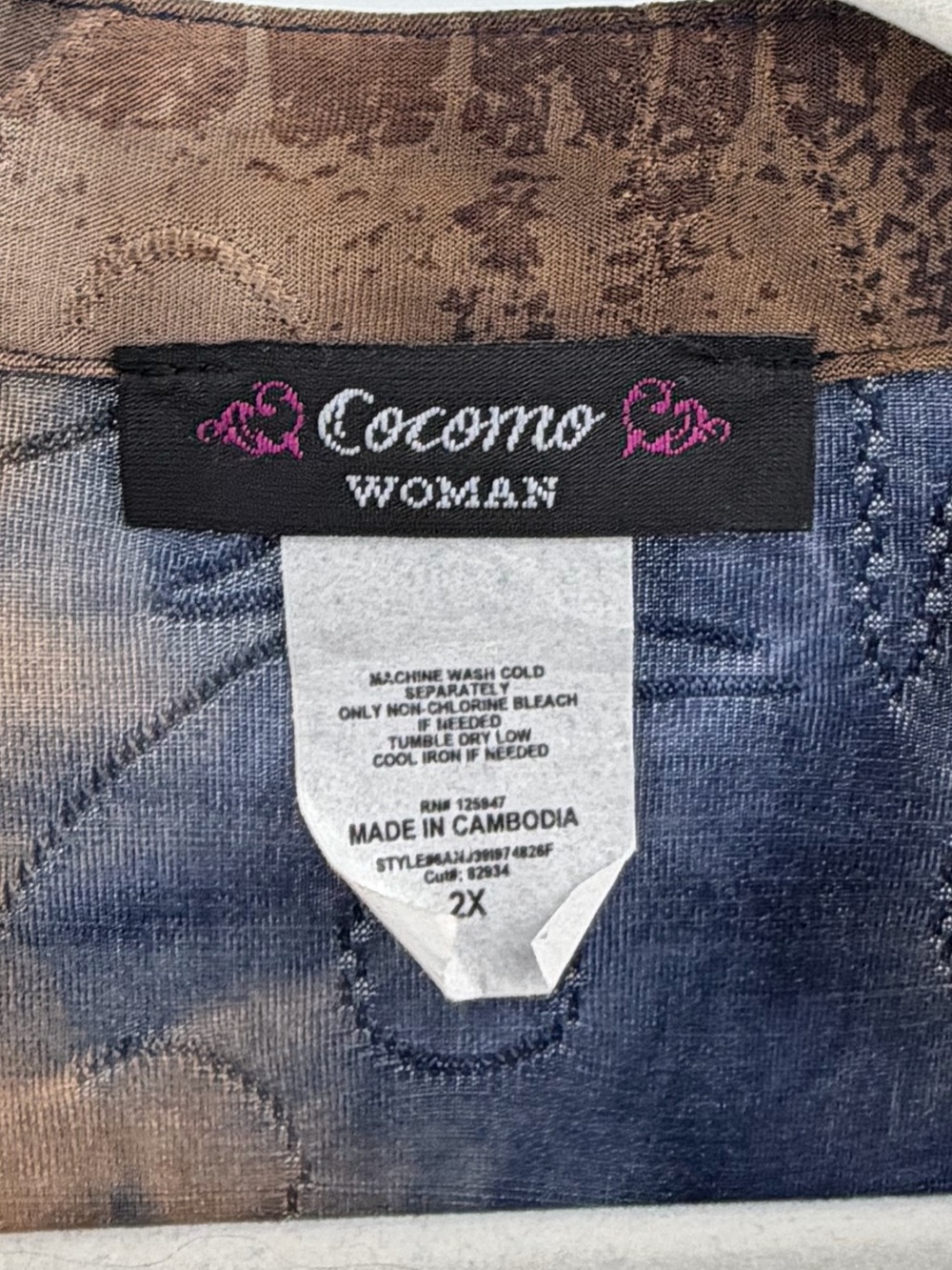 NWT Cocomo Blue Brown Textured Cuffed Tab Sleeve Blouse Top, Women's 2X - Picture 6 of 8